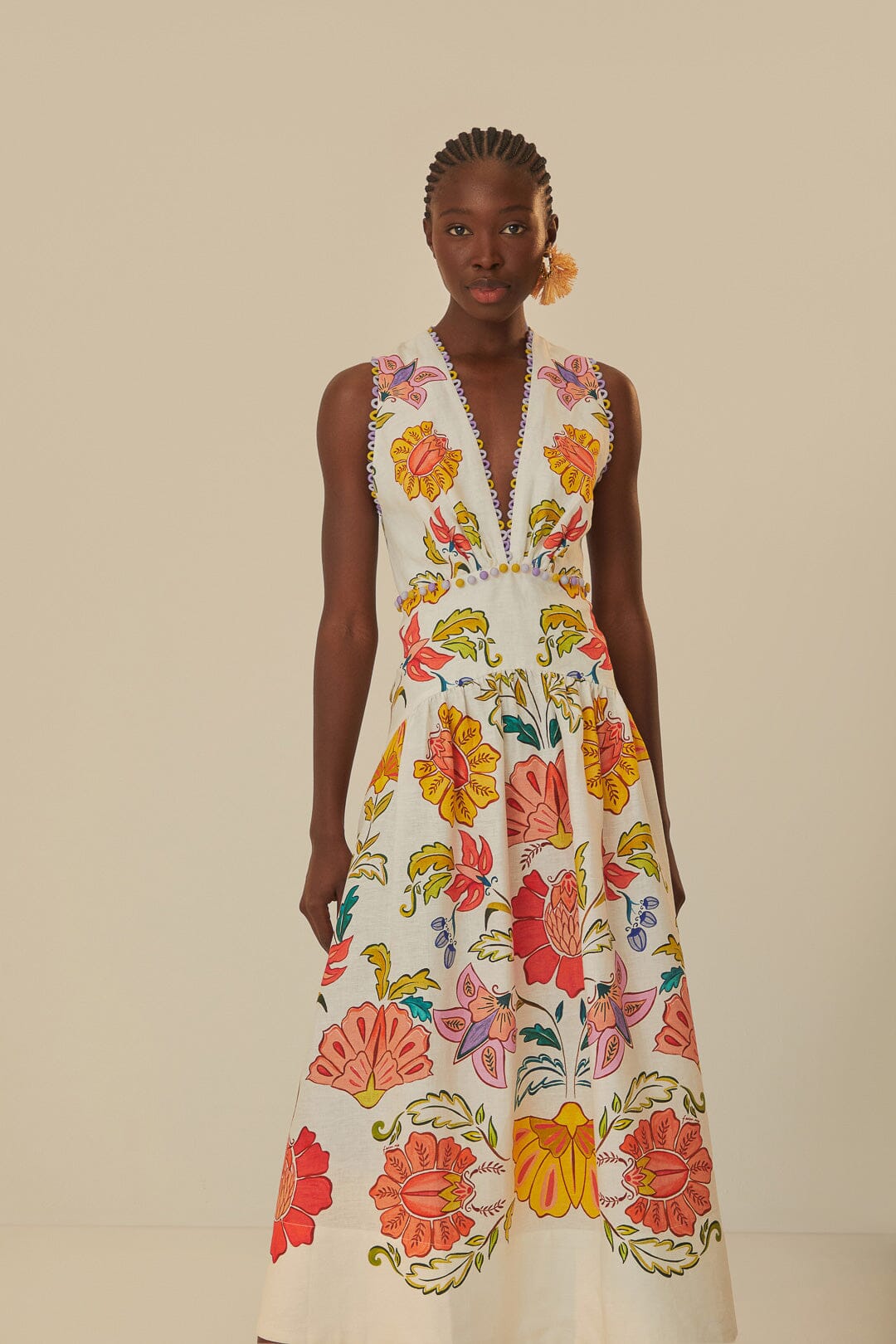 FARM Rio model wearing the Floral Insects Off-White V Neckline Sleeveless Maxi Dress