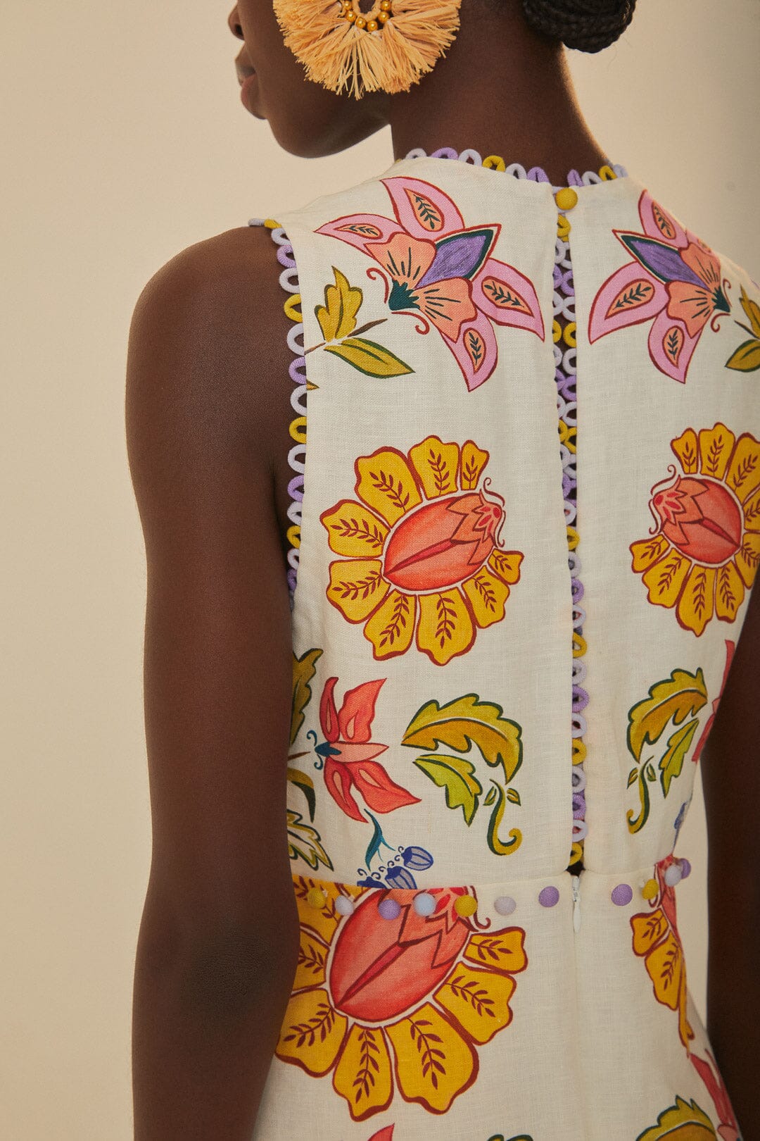 FARM Rio model wearing the Floral Insects Off-White V Neckline Sleeveless Maxi Dress