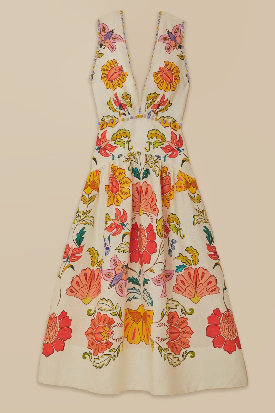 FARM Rio model wearing the Floral Insects Off-White V Neckline Sleeveless Maxi Dress