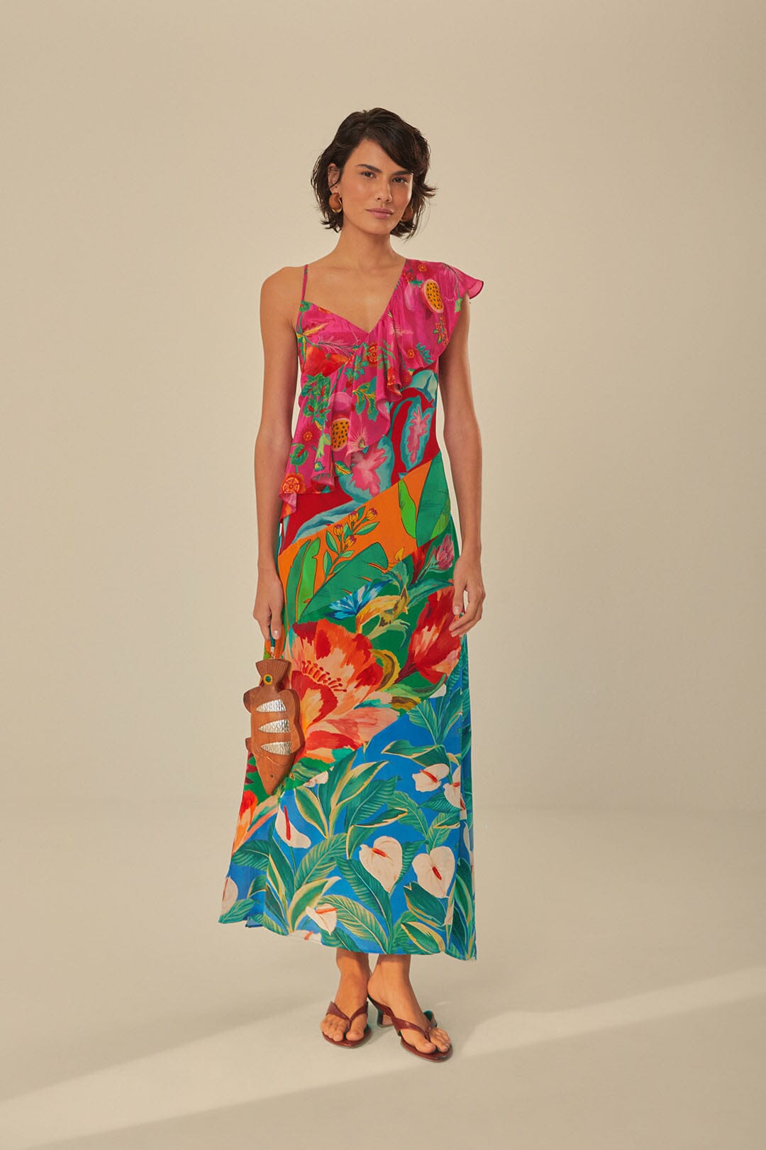 FARM Rio model wearing the Mixed Flowery Rufle One Strap Midi Dress