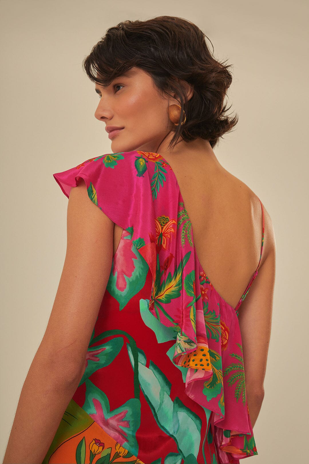 FARM Rio model wearing the Mixed Flowery Rufle One Strap Midi Dress