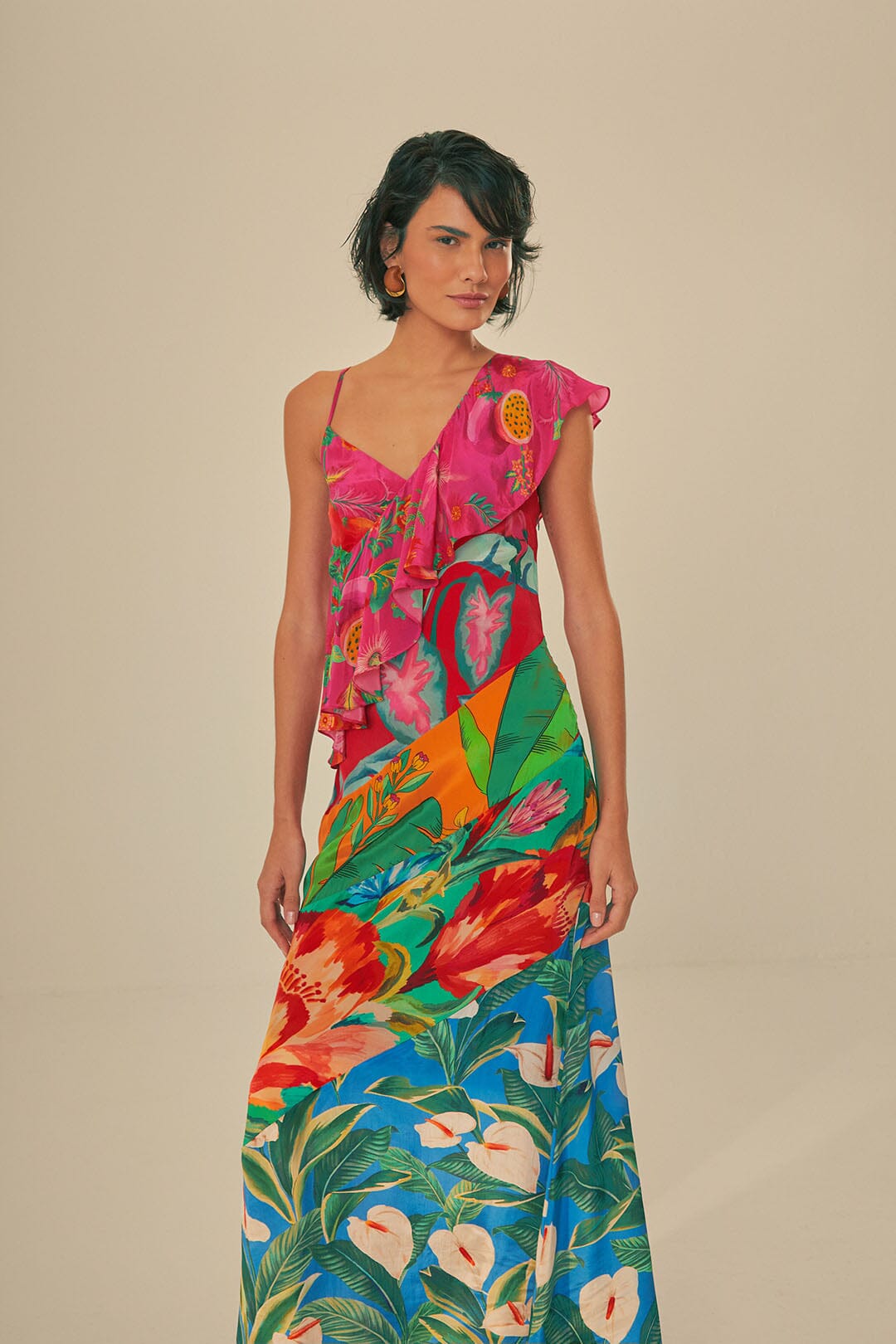 FARM Rio model wearing the Mixed Flowery Rufle One Strap Midi Dress