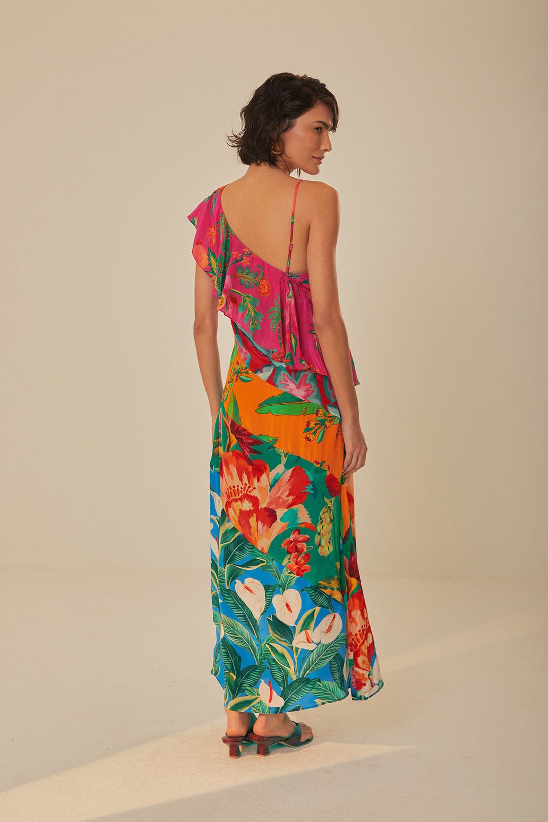 FARM Rio model wearing the Mixed Flowery Rufle One Strap Midi Dress