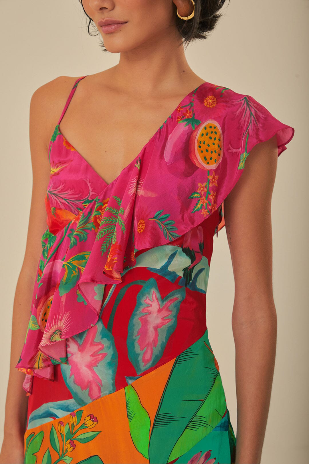 FARM Rio model wearing the Mixed Flowery Rufle One Strap Midi Dress