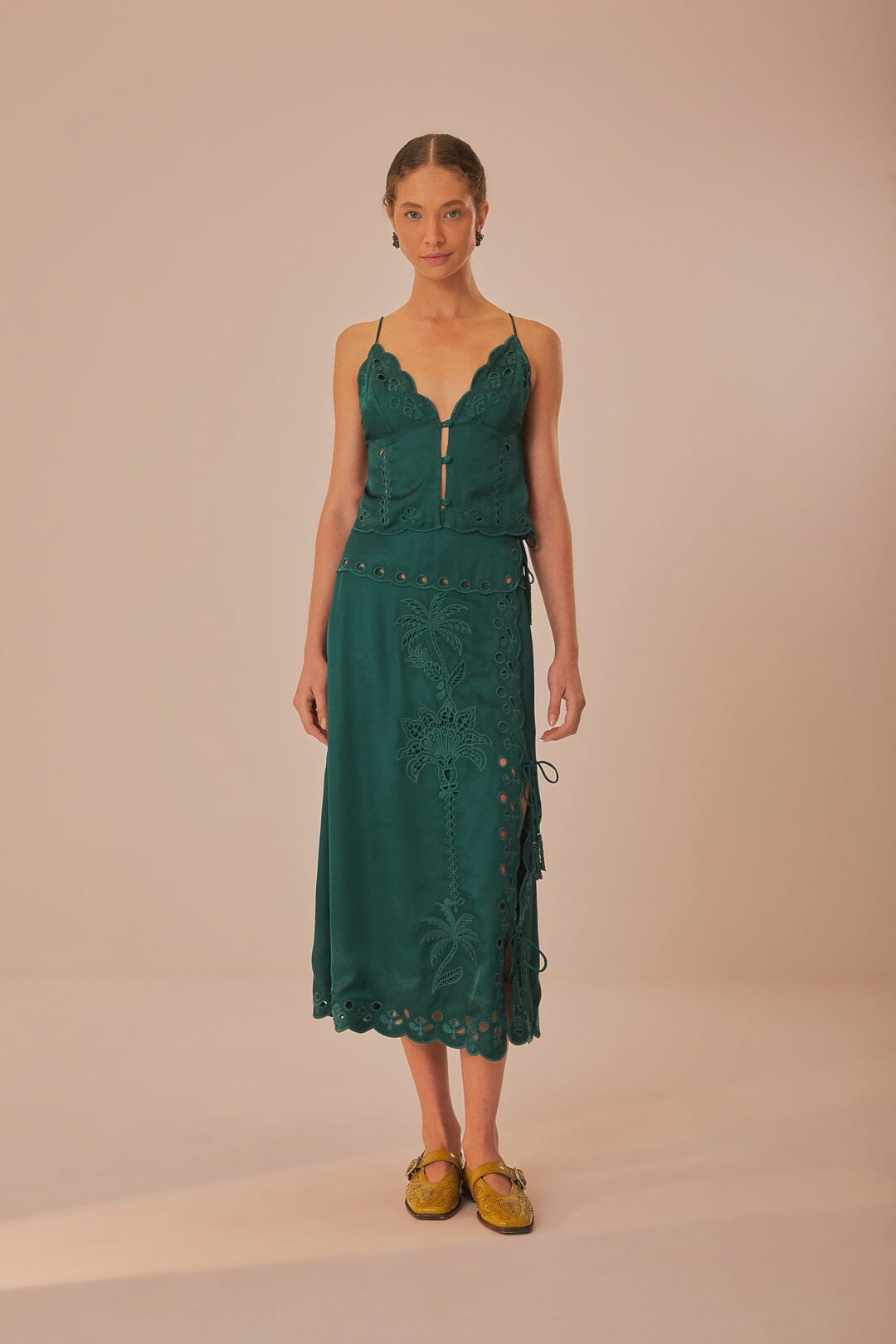 FARM Rio model wearing the Green Richilieu Midi Skirt