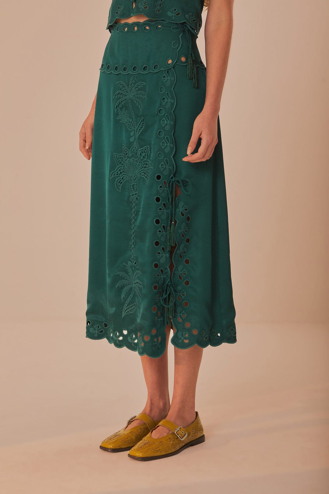 FARM Rio model wearing the Green Richilieu Midi Skirt