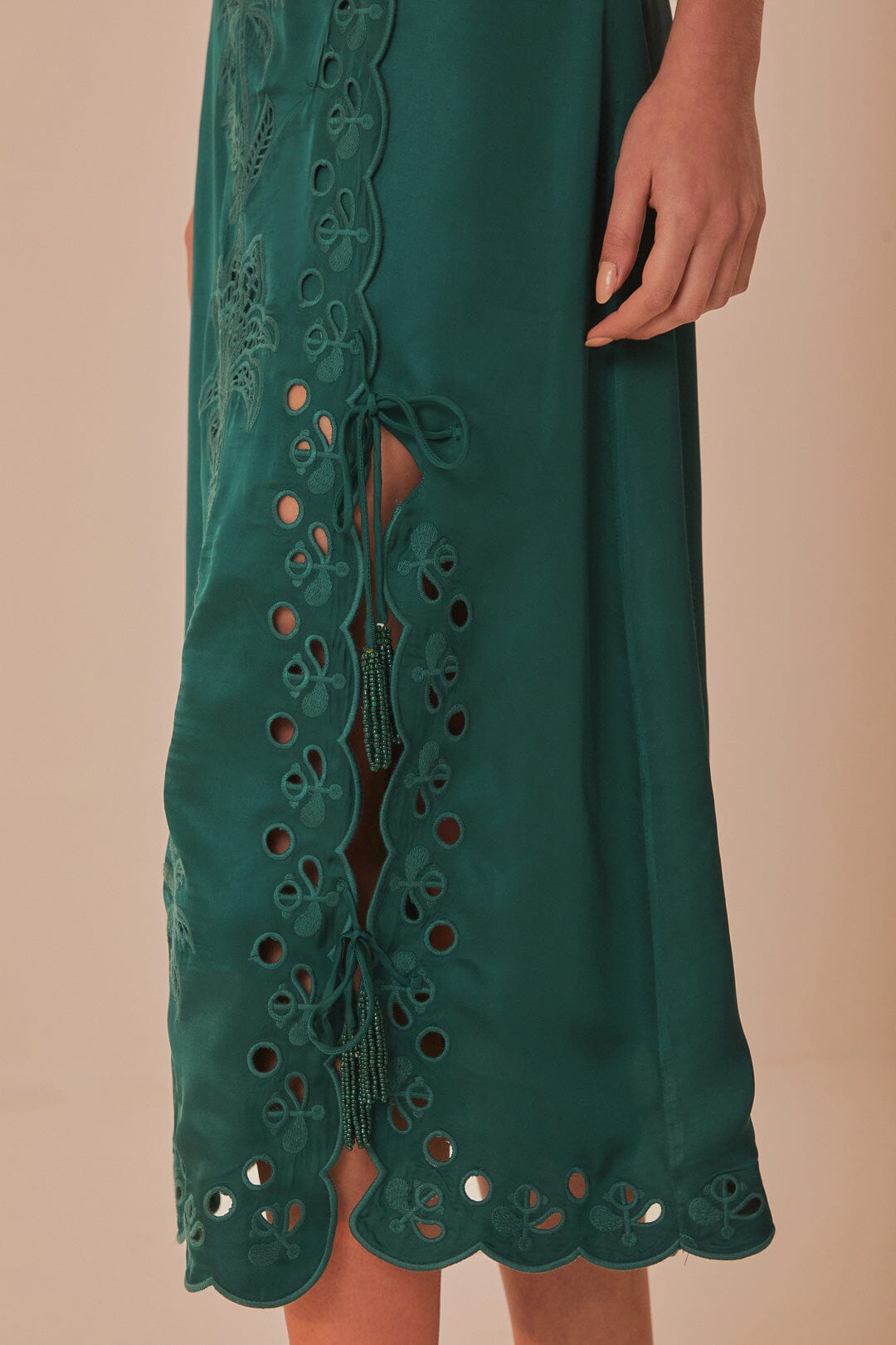 FARM Rio model wearing the Green Richilieu Midi Skirt