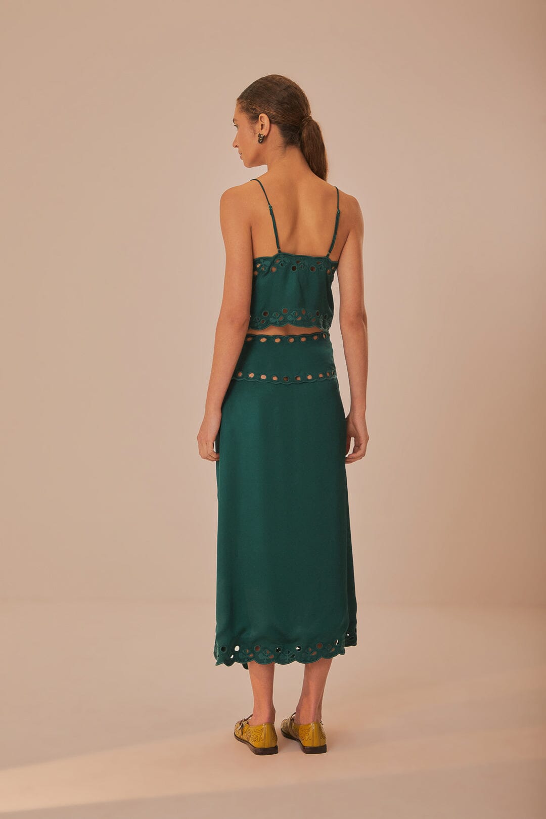 FARM Rio model wearing the Green Richilieu Midi Skirt