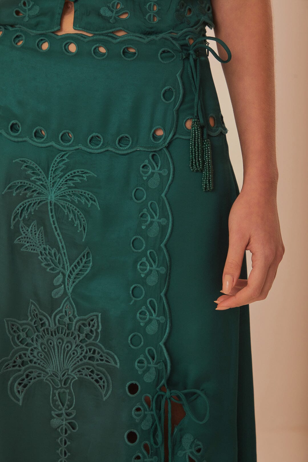 FARM Rio model wearing the Green Richilieu Midi Skirt
