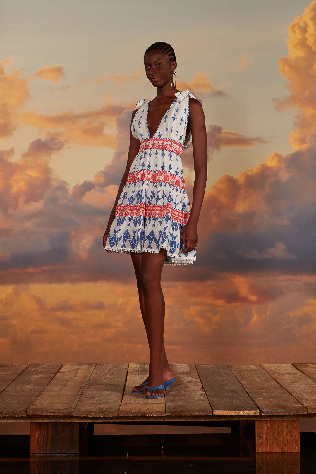 FARM Rio model wearing the Graphic Fishes Off White Mini Dress