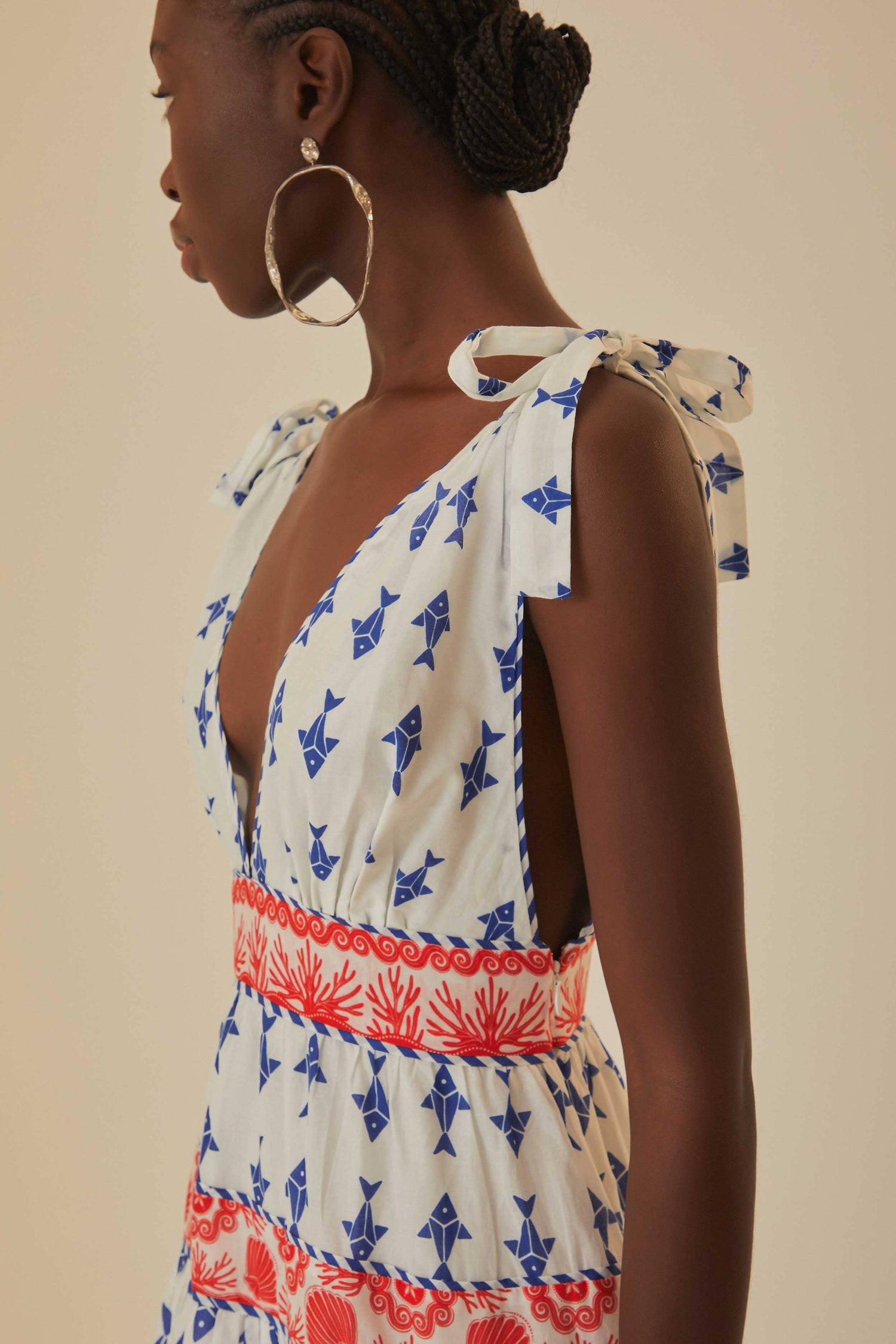 FARM Rio model wearing the Graphic Fishes Off White Mini Dress