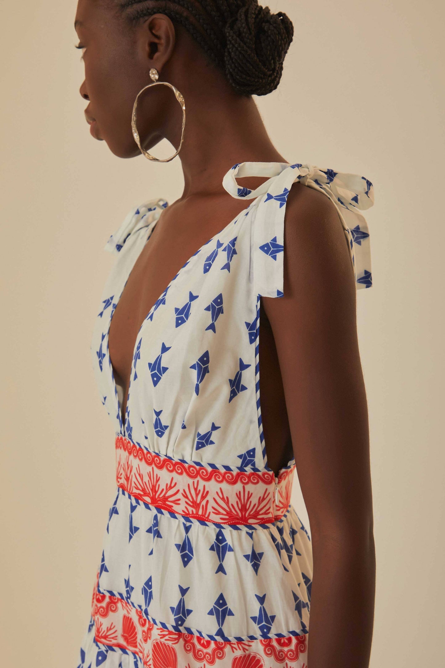 FARM Rio model wearing the Graphic Fishes Off White Mini Dress