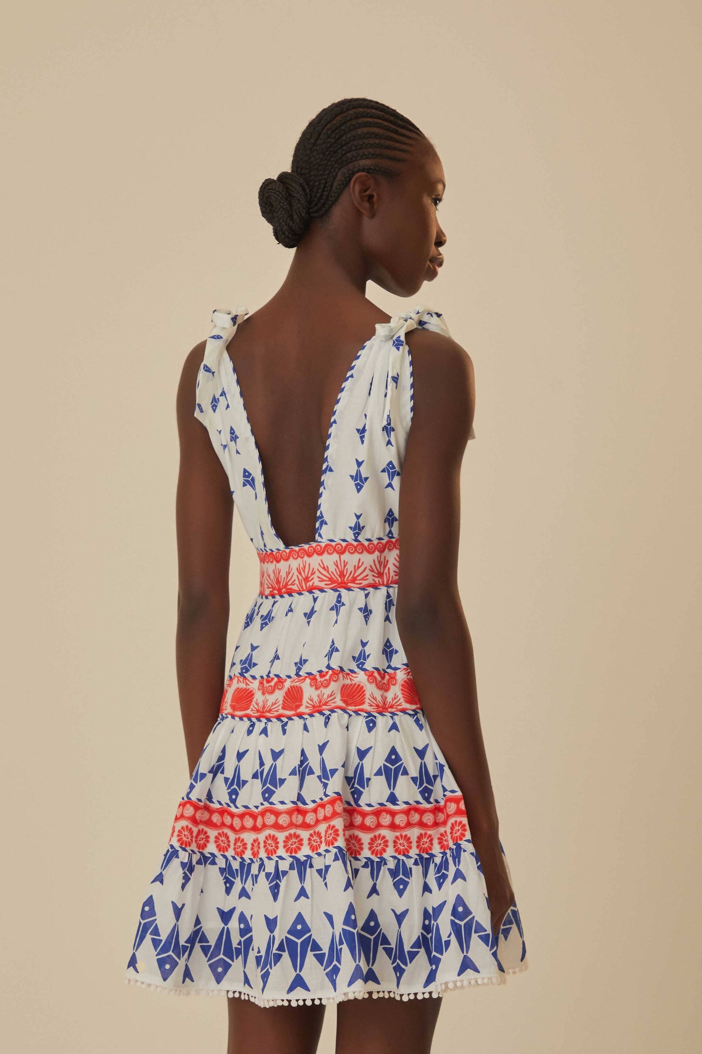 FARM Rio model wearing the Graphic Fishes Off White Mini Dress