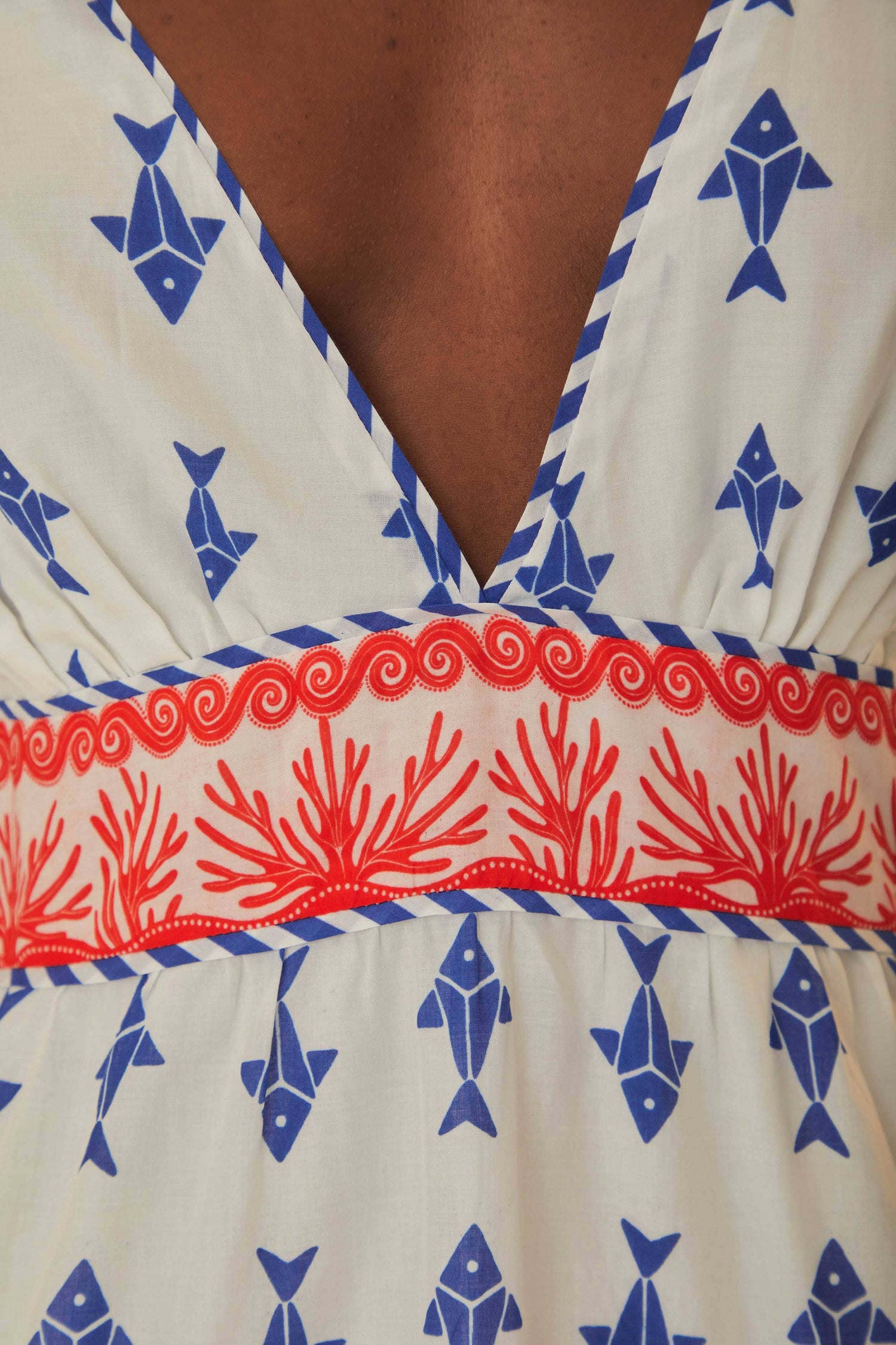 FARM Rio model wearing the Graphic Fishes Off White Mini Dress