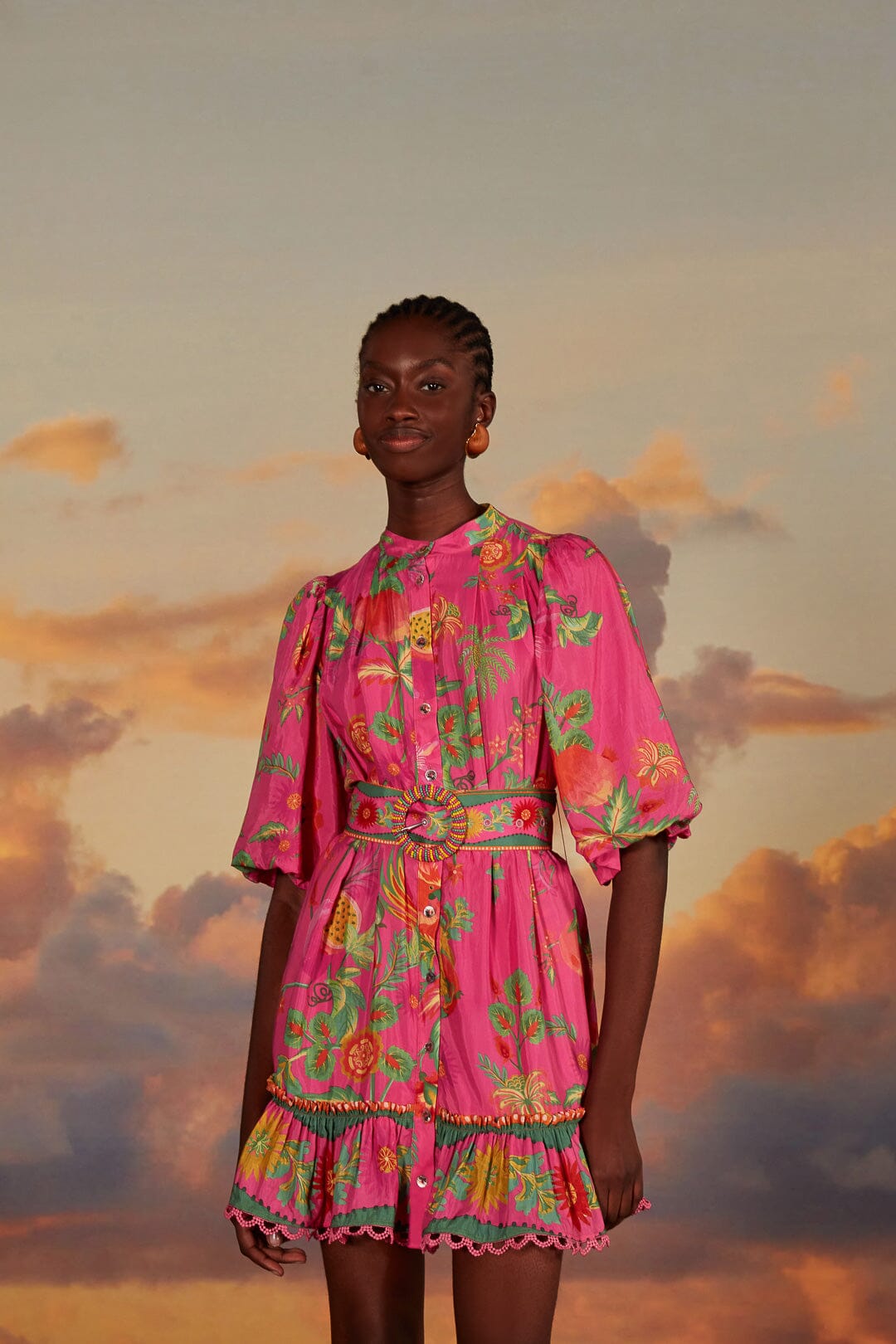 FARM Rio model wearing the Delicate Fruit Garden Pink Mini Dress