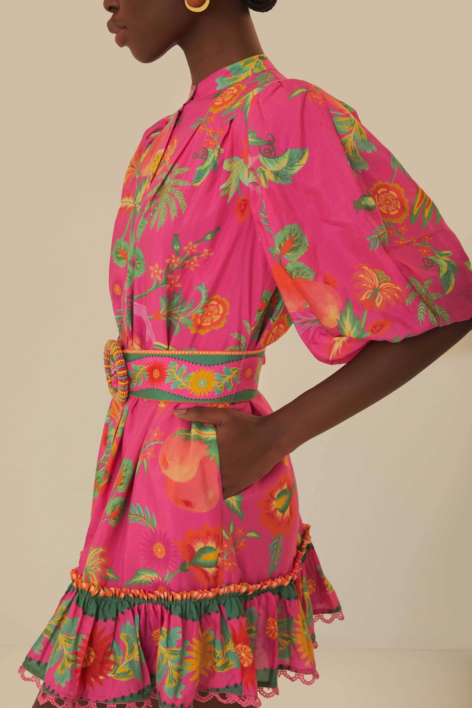 FARM Rio model wearing the Delicate Fruit Garden Pink Mini Dress