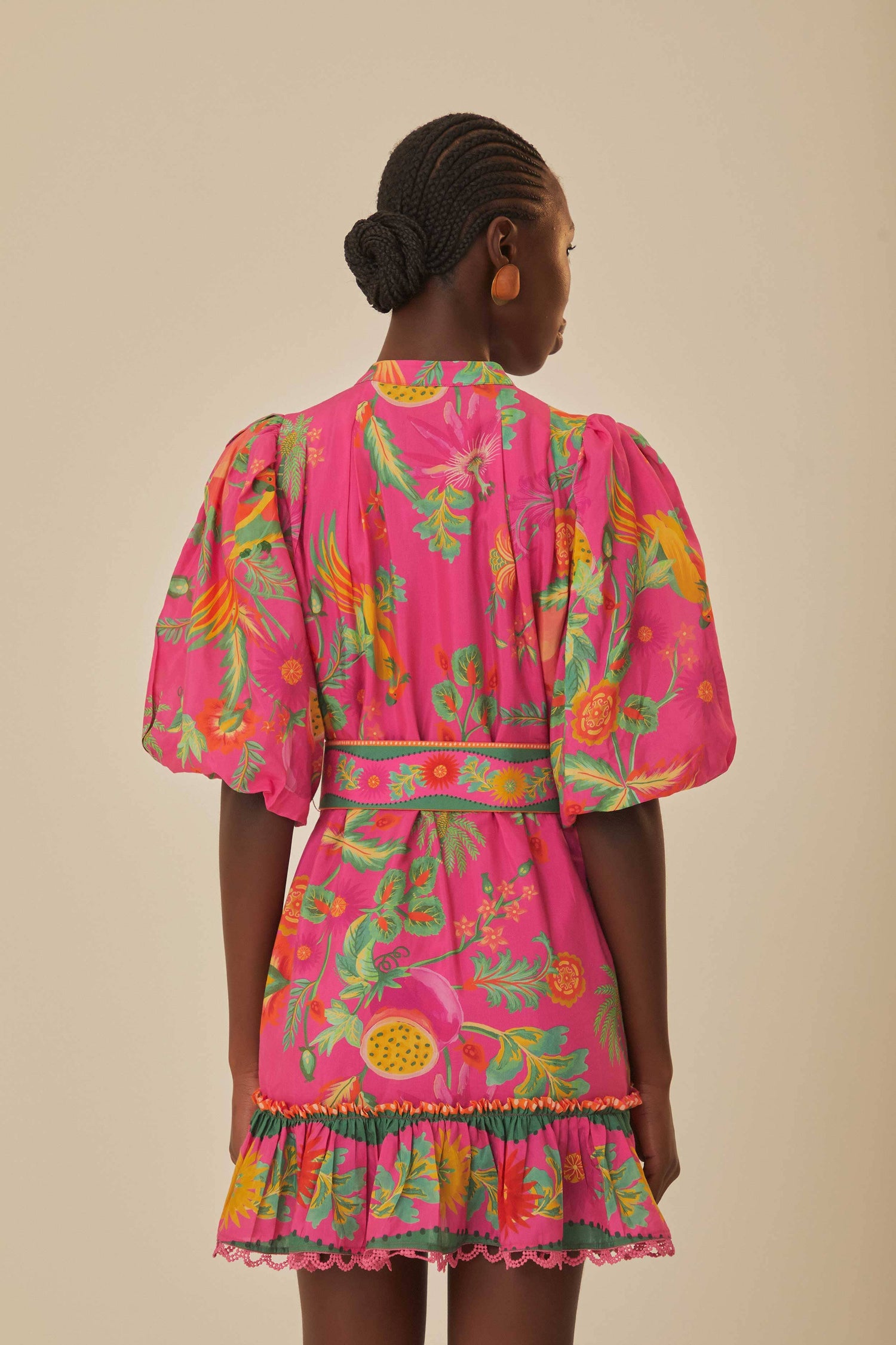 FARM Rio model wearing the Delicate Fruit Garden Pink Mini Dress