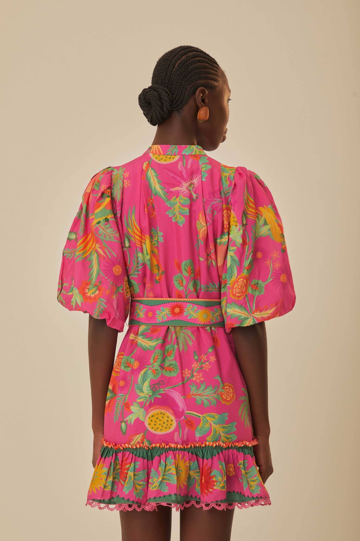 FARM Rio model wearing the Delicate Fruit Garden Pink Mini Dress