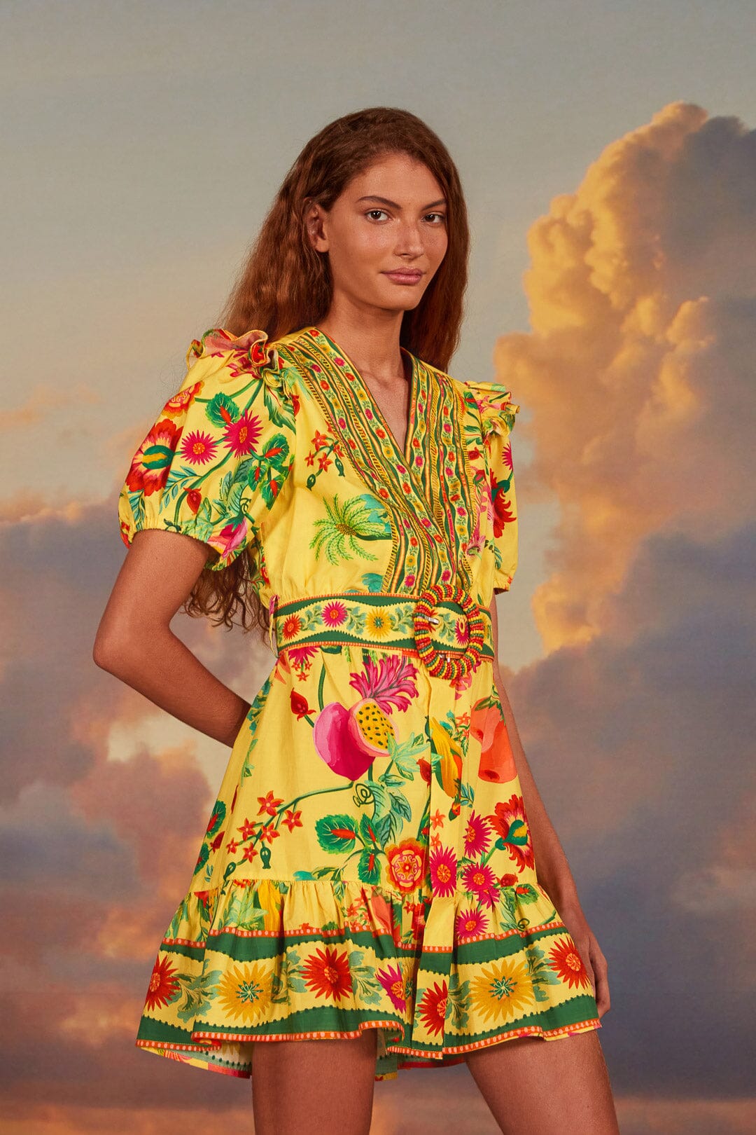 FARM Rio model wearing the Delicate Fruit Garden Yellow Mini Dress