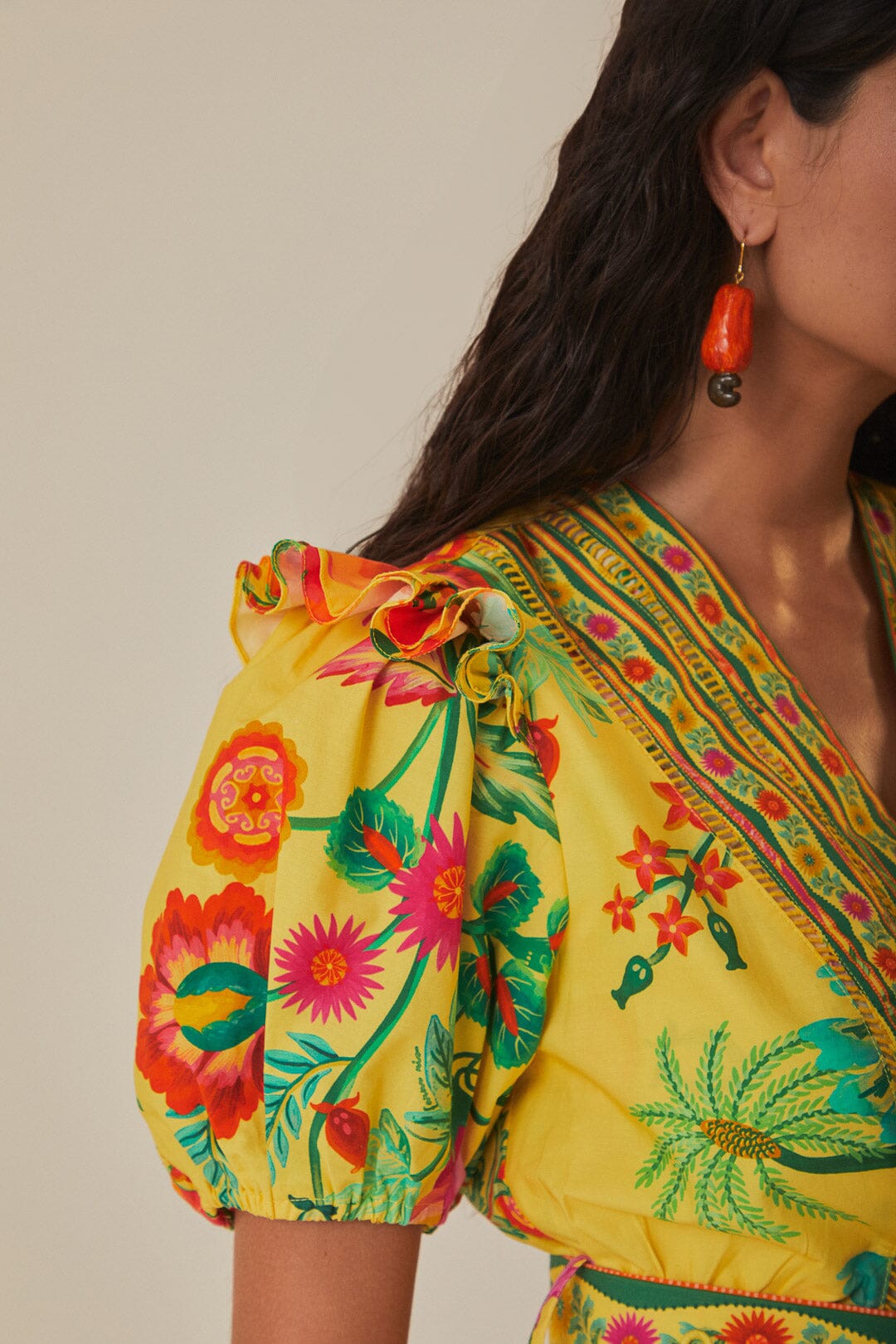 FARM Rio model wearing the Delicate Fruit Garden Yellow Mini Dress