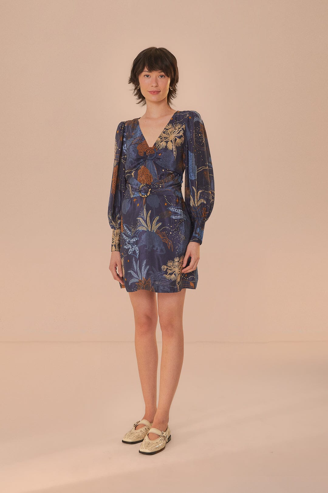 FARM Rio model wearing the Night Jungle Navy Blue Mini Dress