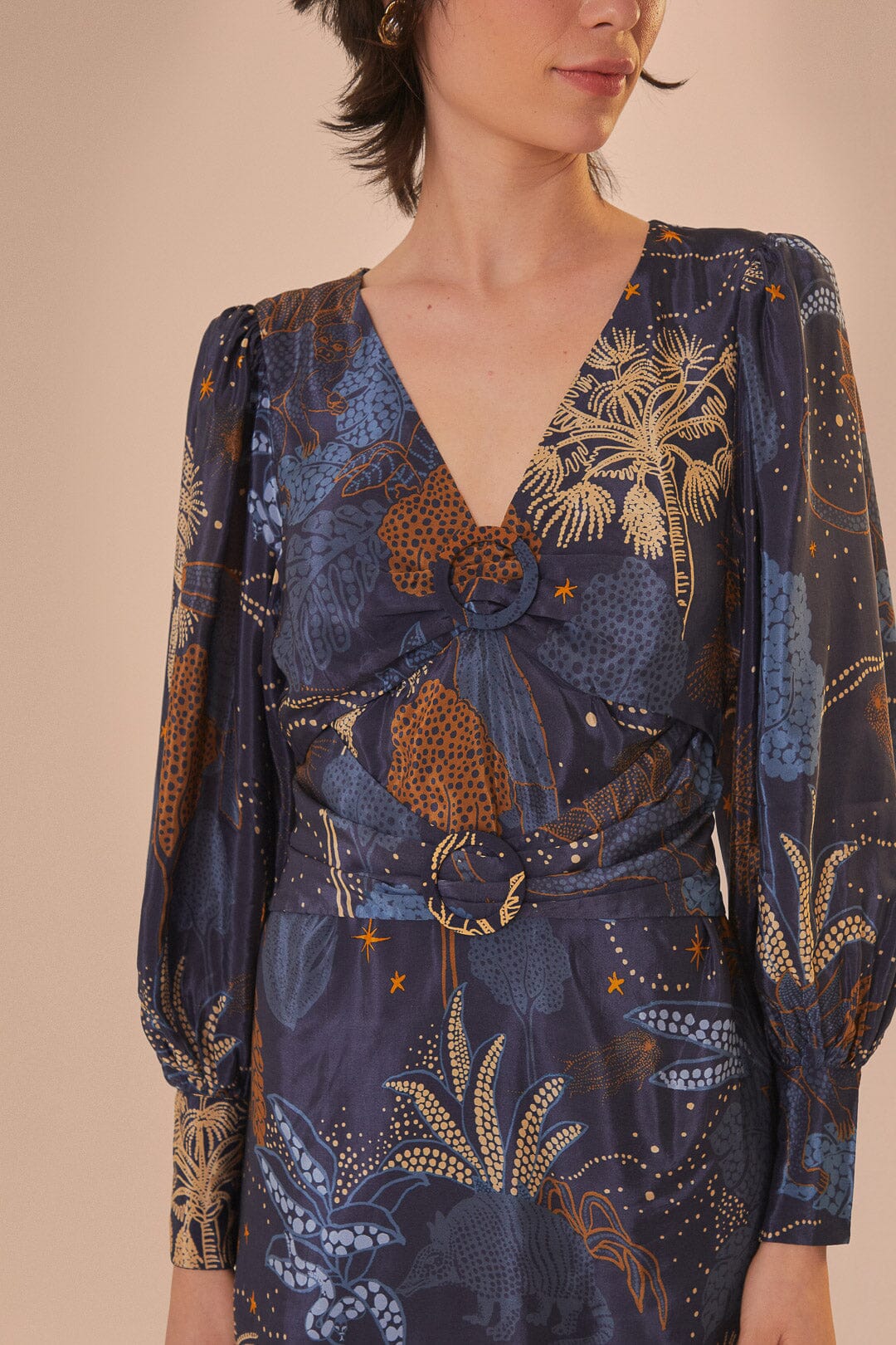 FARM Rio model wearing the Night Jungle Navy Blue Mini Dress