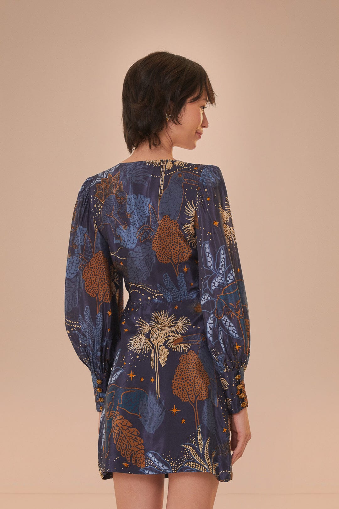 FARM Rio model wearing the Night Jungle Navy Blue Mini Dress