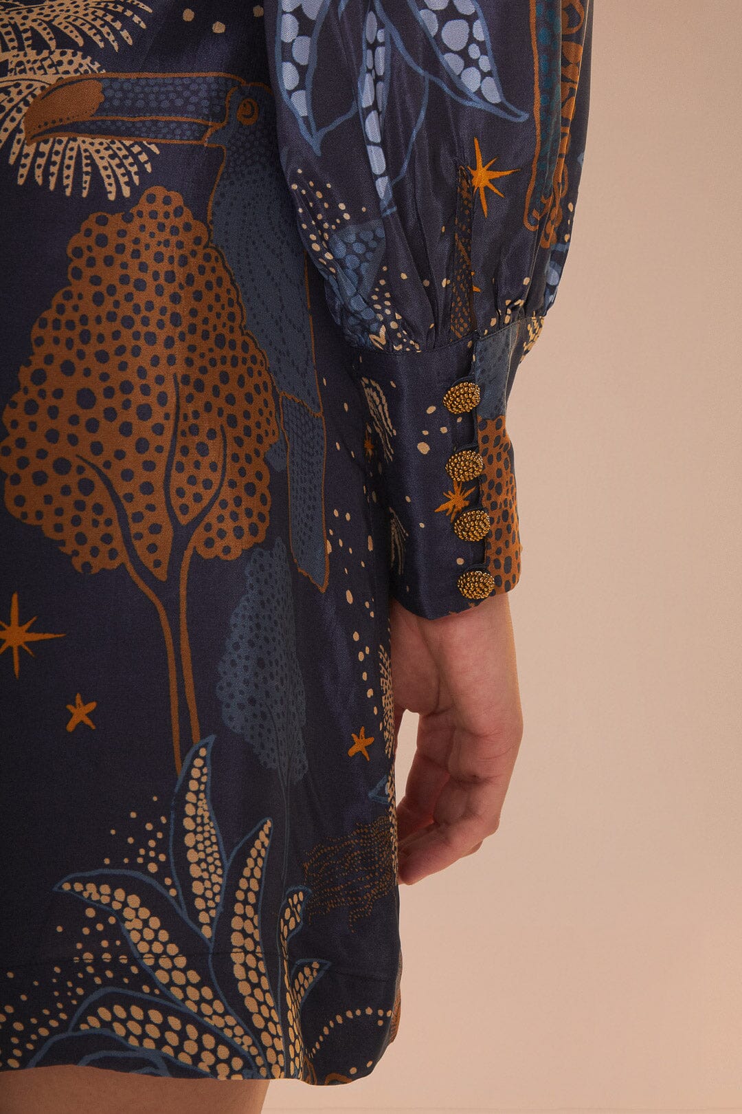 FARM Rio model wearing the Night Jungle Navy Blue Mini Dress