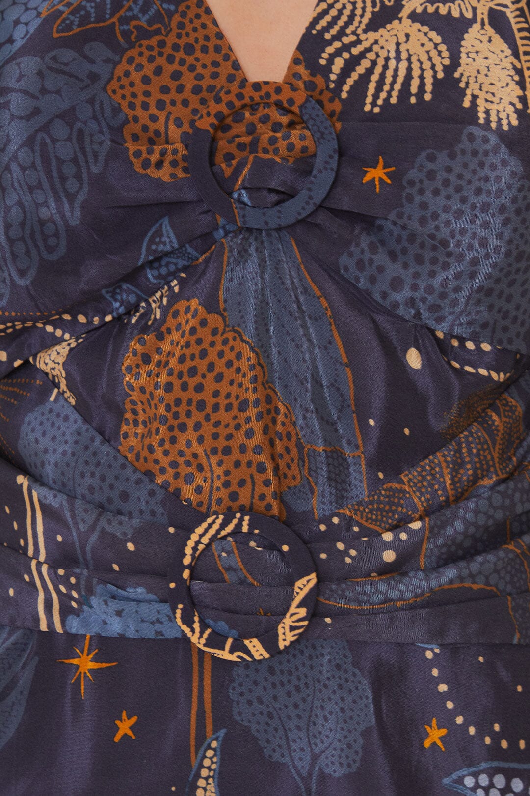 FARM Rio model wearing the Night Jungle Navy Blue Mini Dress