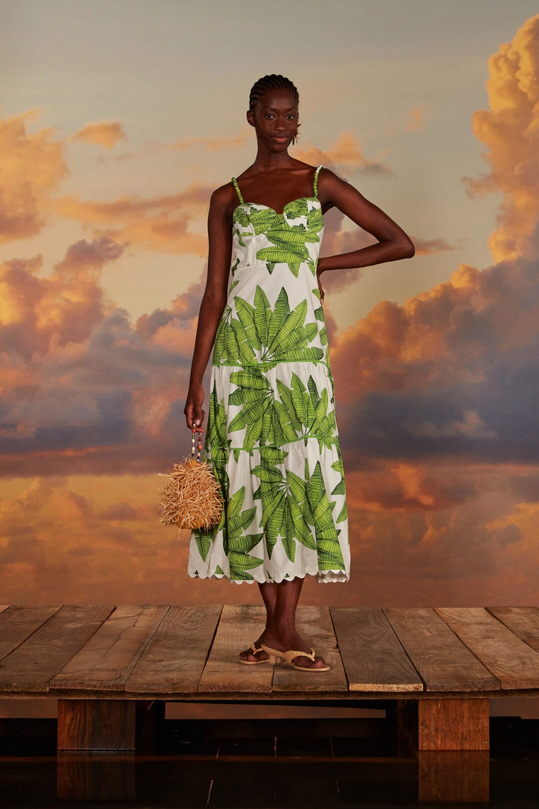 FARM Rio model wearing the Palm Fan Off-White Midi Dress