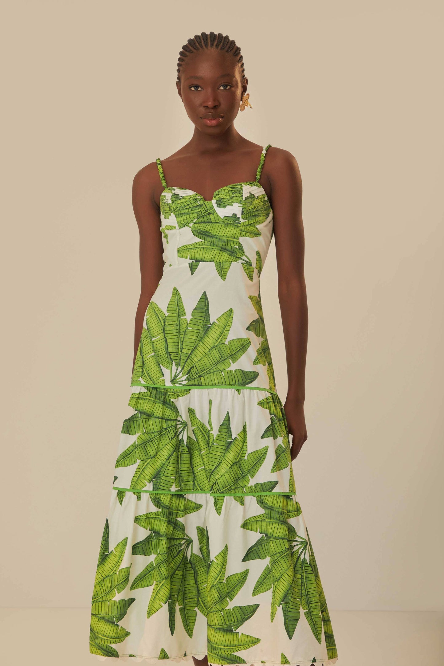FARM Rio model wearing the Palm Fan Off-White Midi Dress