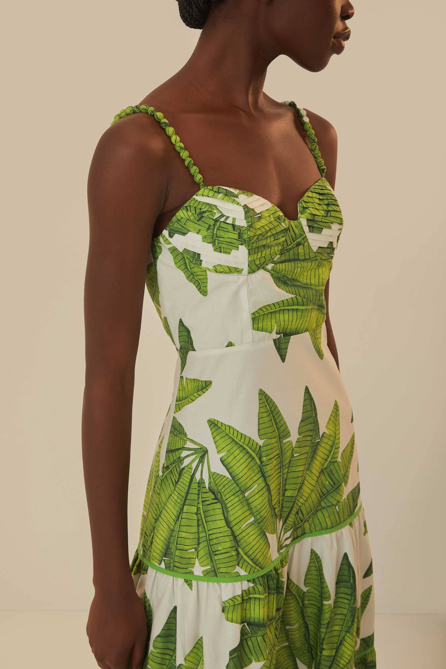 FARM Rio model wearing the Palm Fan Off-White Midi Dress