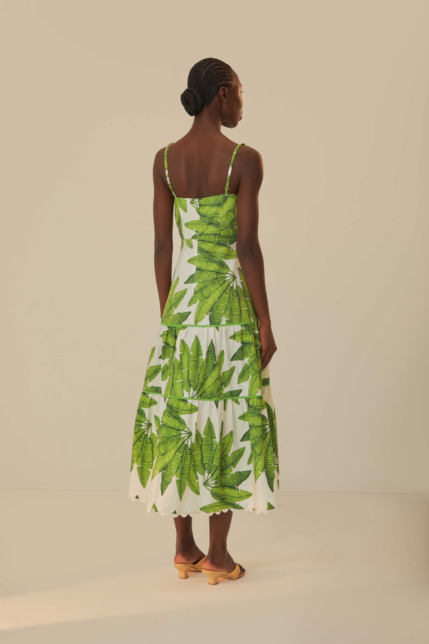 FARM Rio model wearing the Palm Fan Off-White Midi Dress