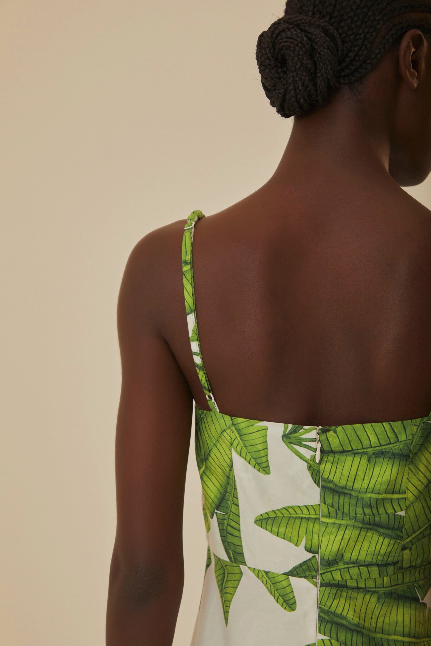 FARM Rio model wearing the Palm Fan Off-White Midi Dress