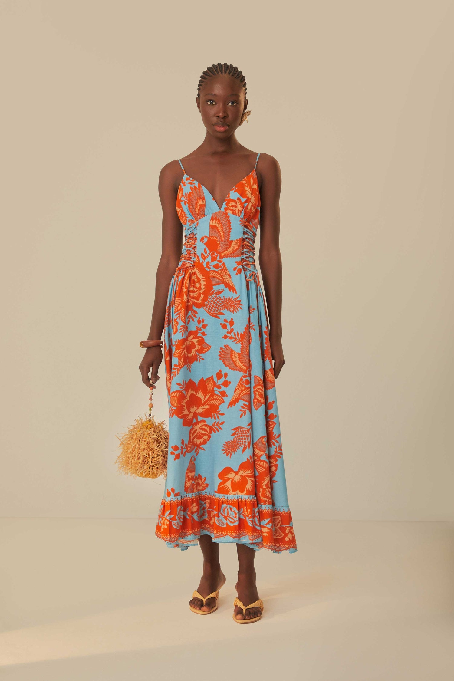 FARM Rio model wearing the Lace Garden Blue Midi Dress