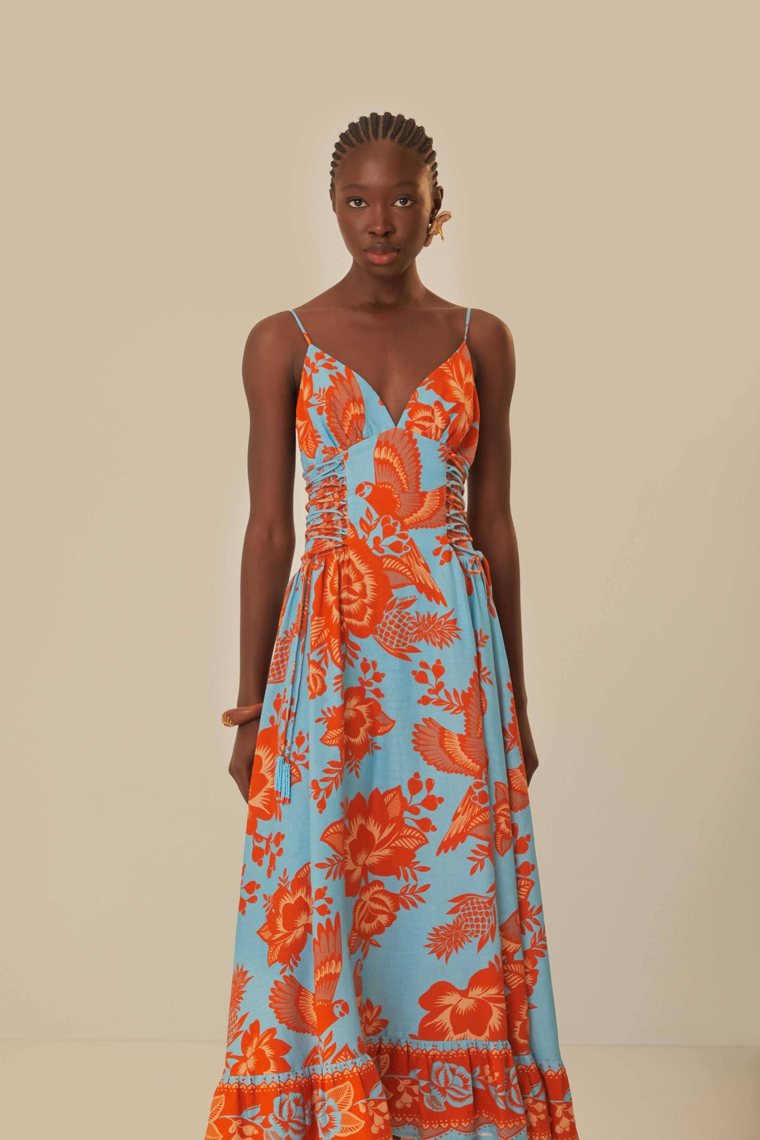 FARM Rio model wearing the Lace Garden Blue Midi Dress