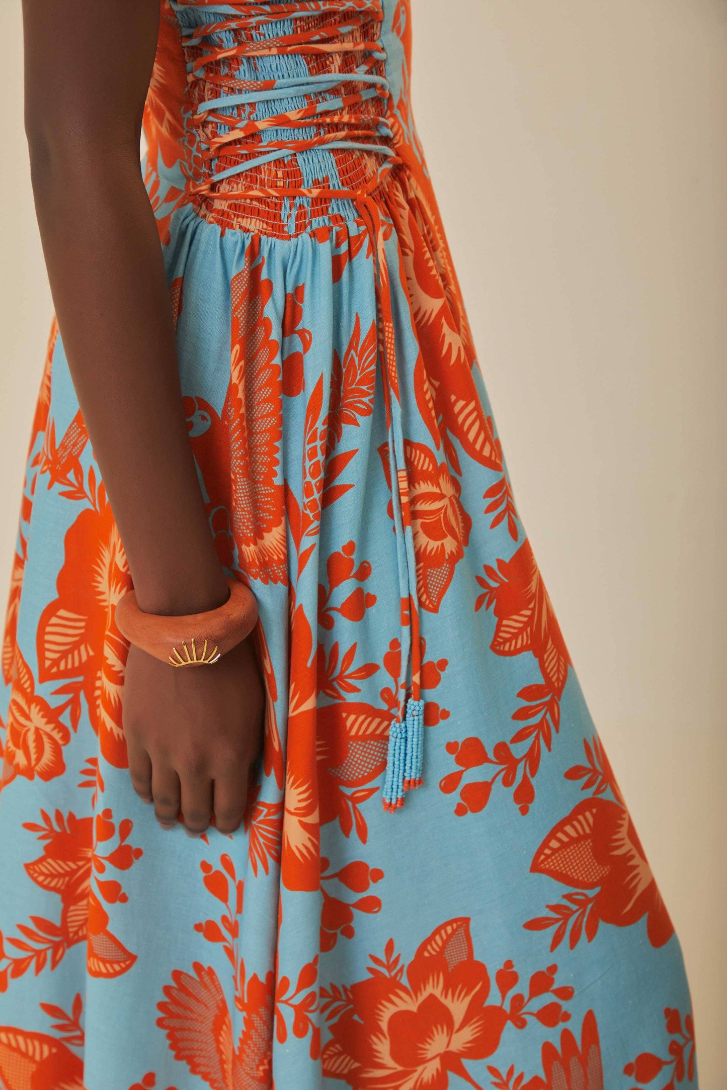 FARM Rio model wearing the Lace Garden Blue Midi Dress