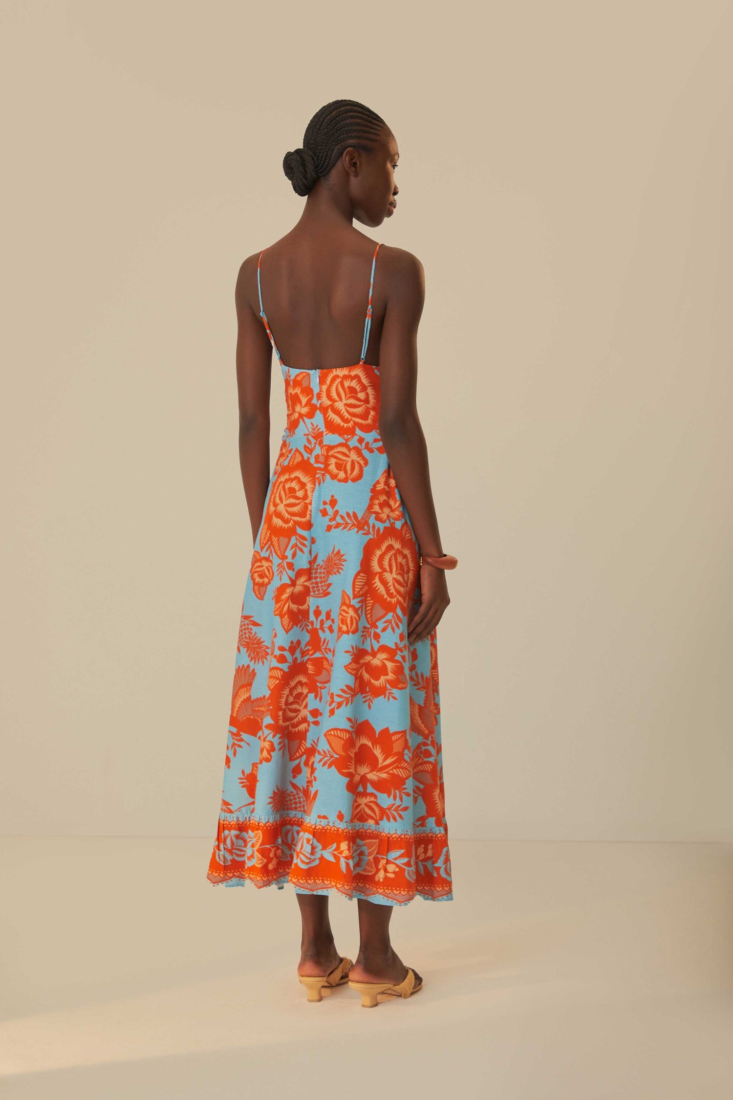 FARM Rio model wearing the Lace Garden Blue Midi Dress