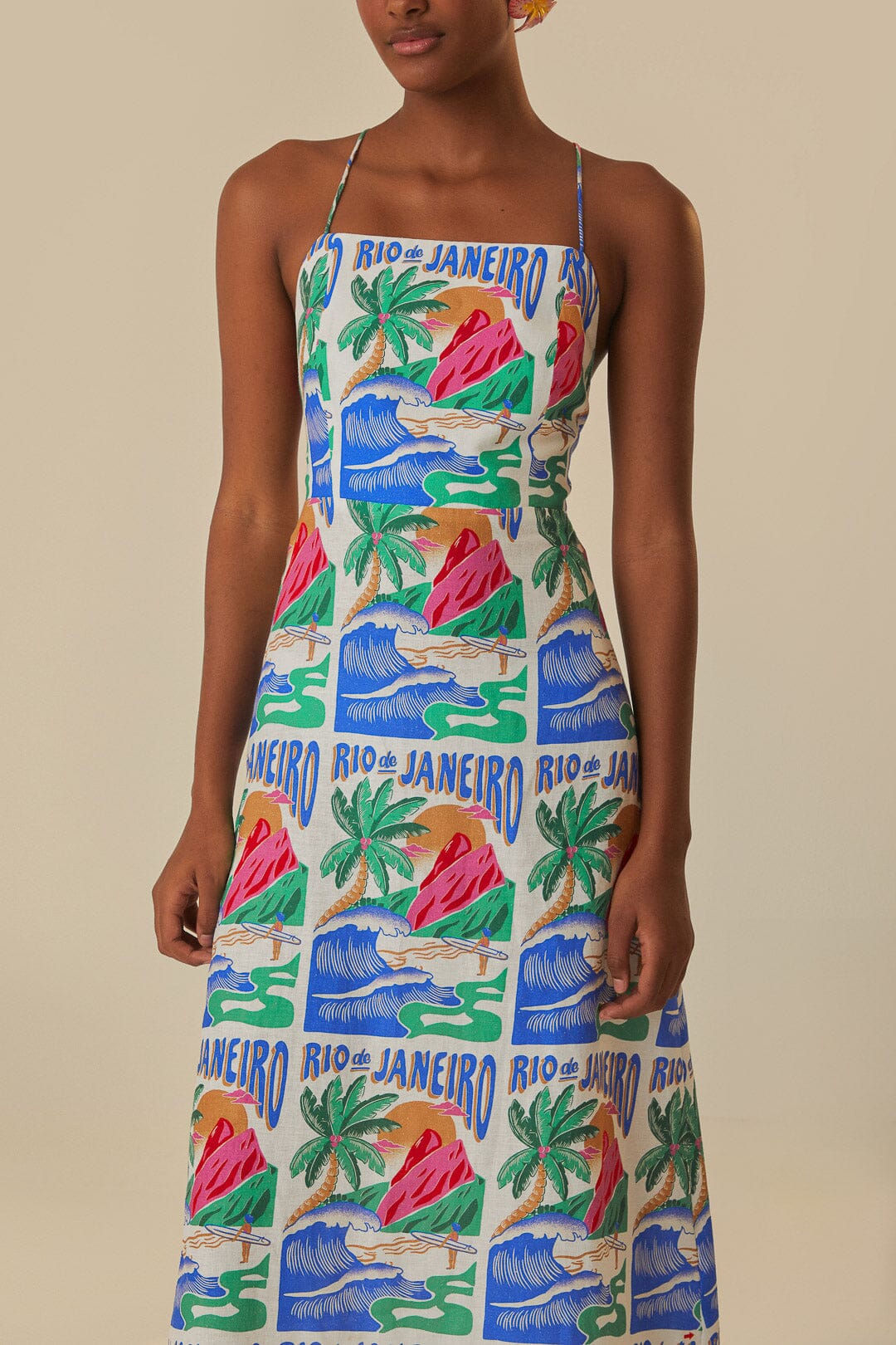 FARM Rio model wearing the Carioca Posters Off-White Midi Dress