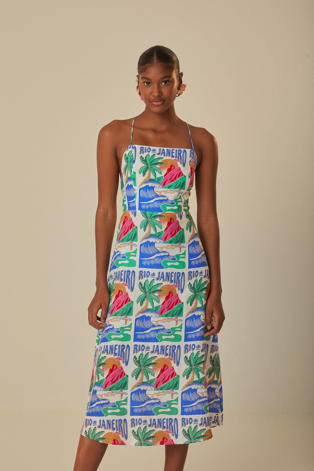 FARM Rio model wearing the Carioca Posters Off-White Midi Dress