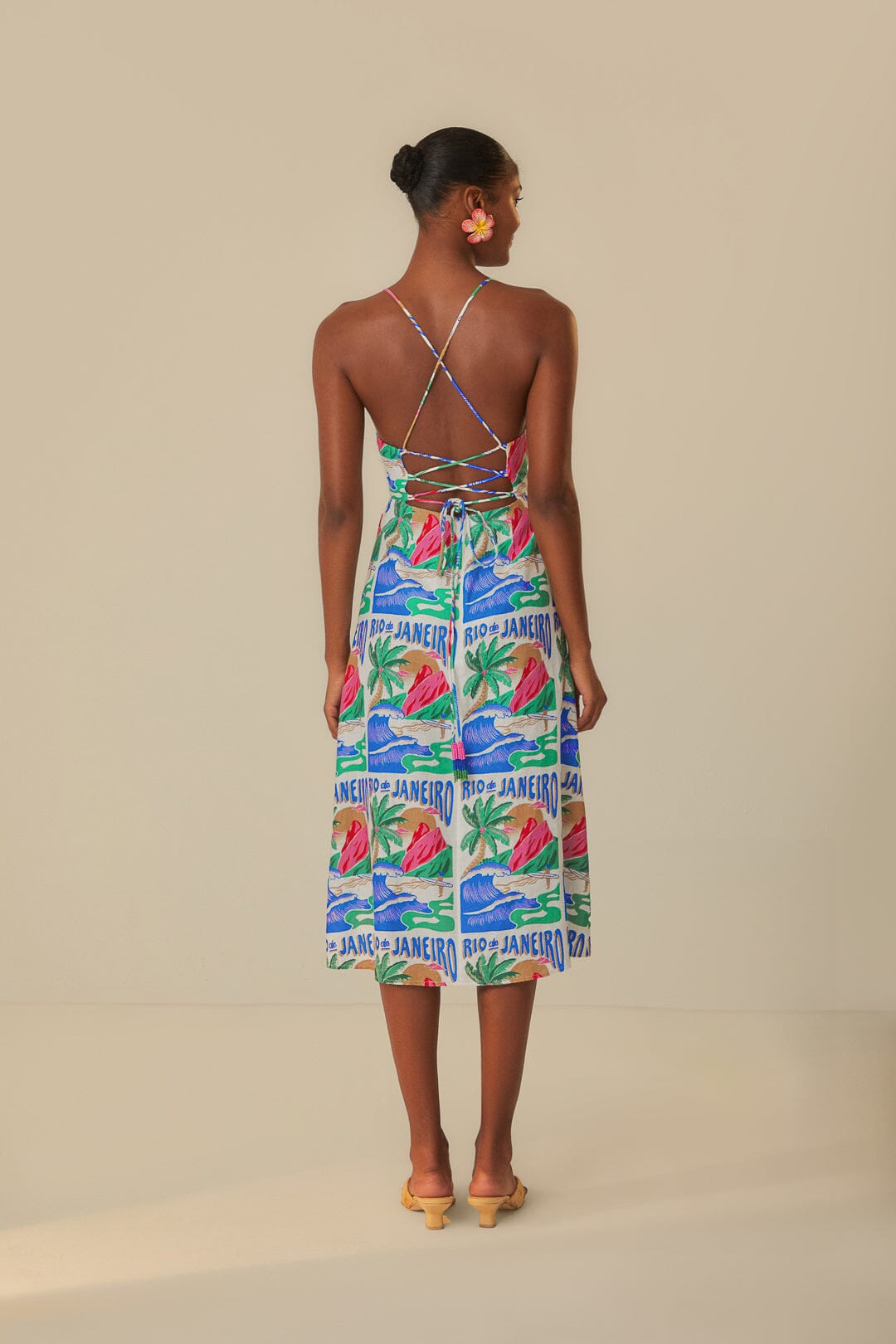 FARM Rio model wearing the Carioca Posters Off-White Midi Dress