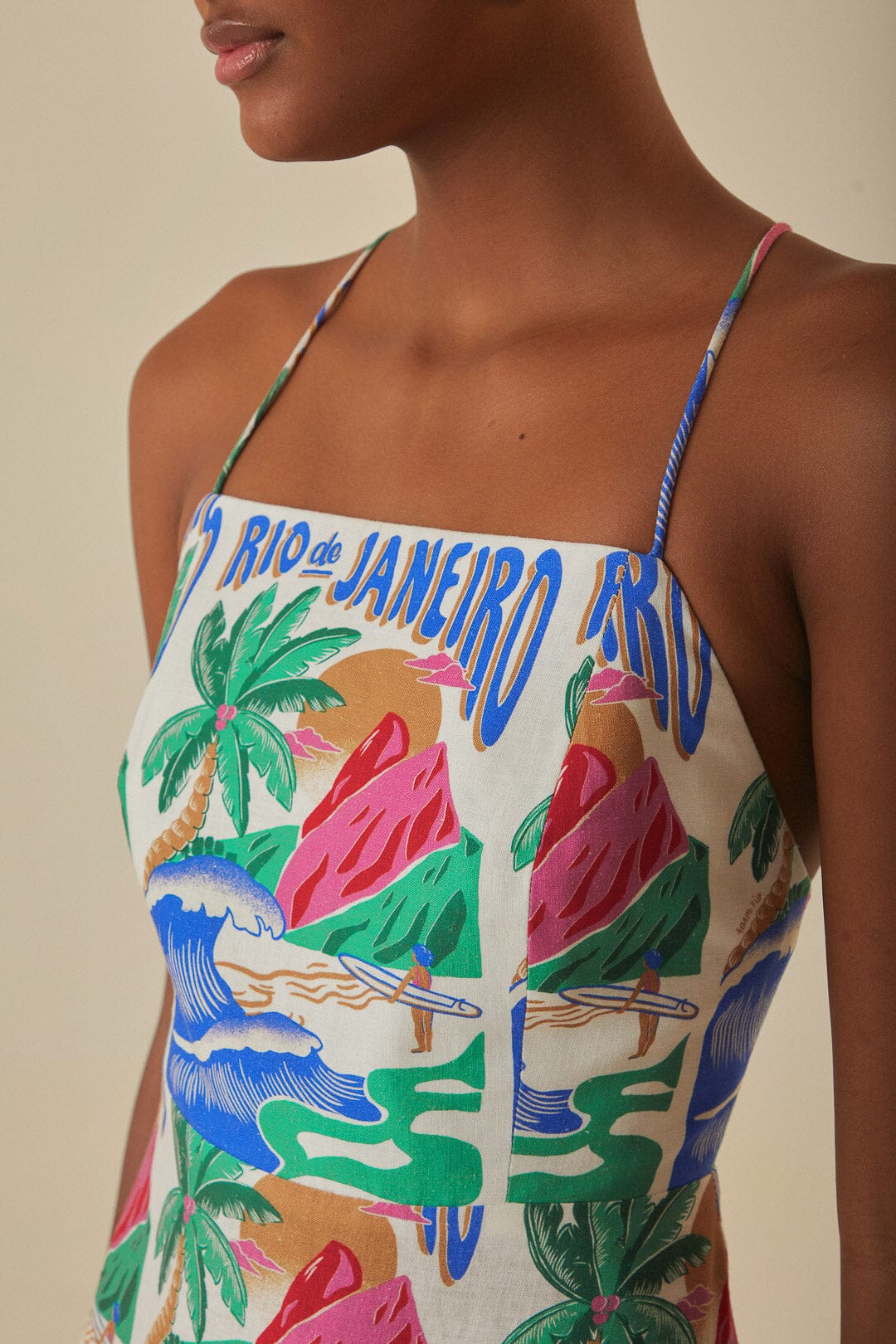 FARM Rio model wearing the Carioca Posters Off-White Midi Dress