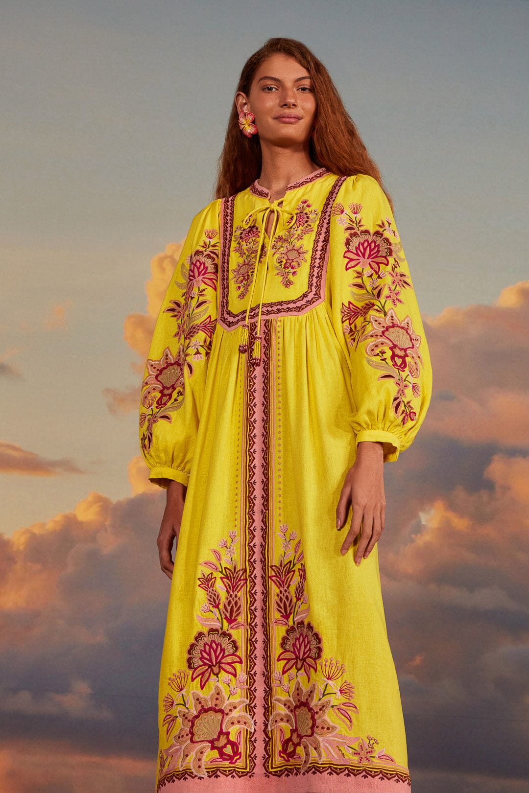 FARM Rio model wearing the Yellow Embroidered Garden Tapestry Midi Dress