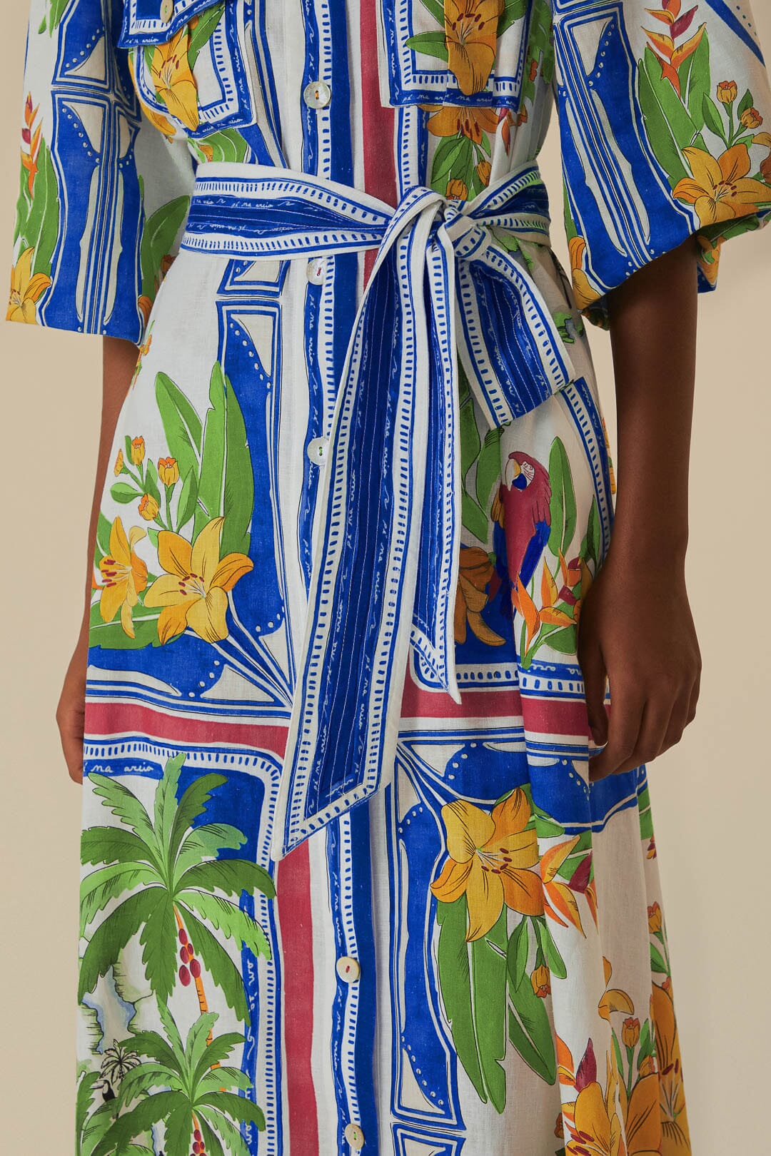FARM Rio model wearing the Tropical Destination Off-White Midi Dress