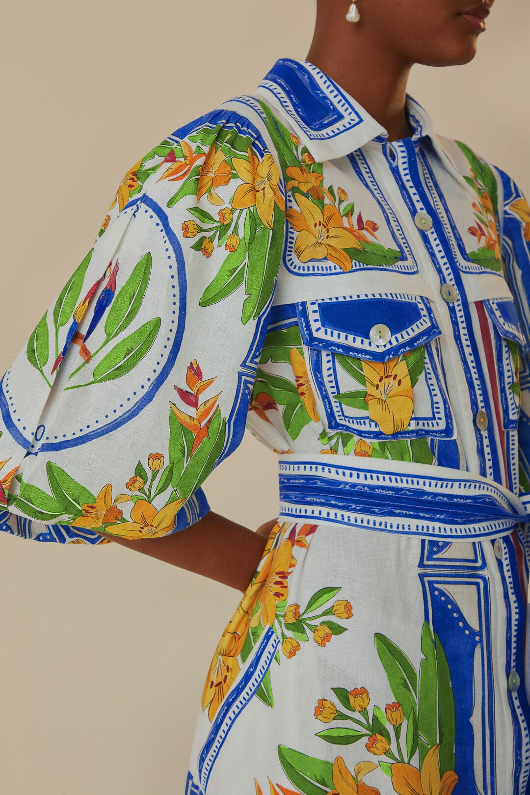 FARM Rio model wearing the Tropical Destination Off-White Midi Dress