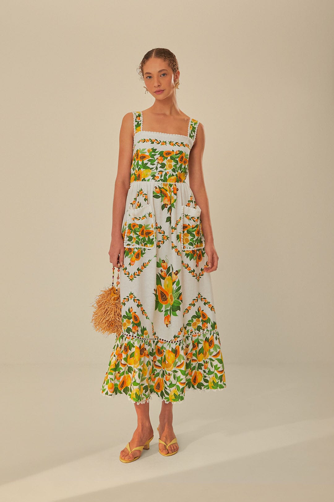 FARM Rio model wearing the Papaya Salad Scarf Off-White Maxi Dress