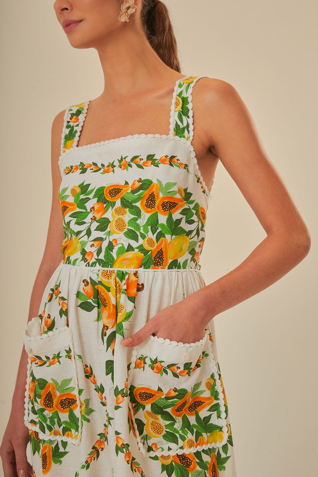 FARM Rio model wearing the Papaya Salad Scarf Off-White Maxi Dress