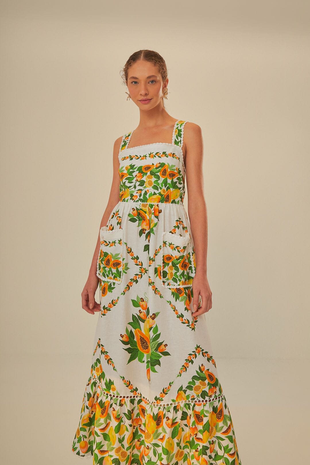 FARM Rio model wearing the Papaya Salad Scarf Off-White Maxi Dress