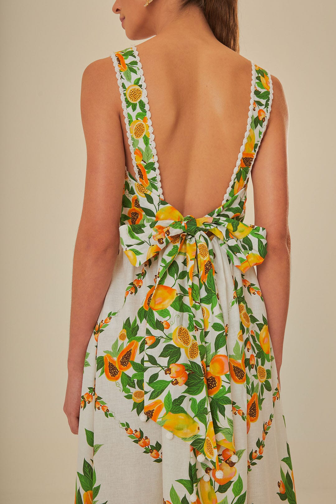 FARM Rio model wearing the Papaya Salad Scarf Off-White Maxi Dress