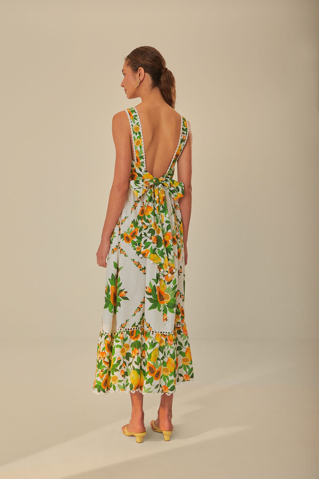 FARM Rio model wearing the Papaya Salad Scarf Off-White Maxi Dress